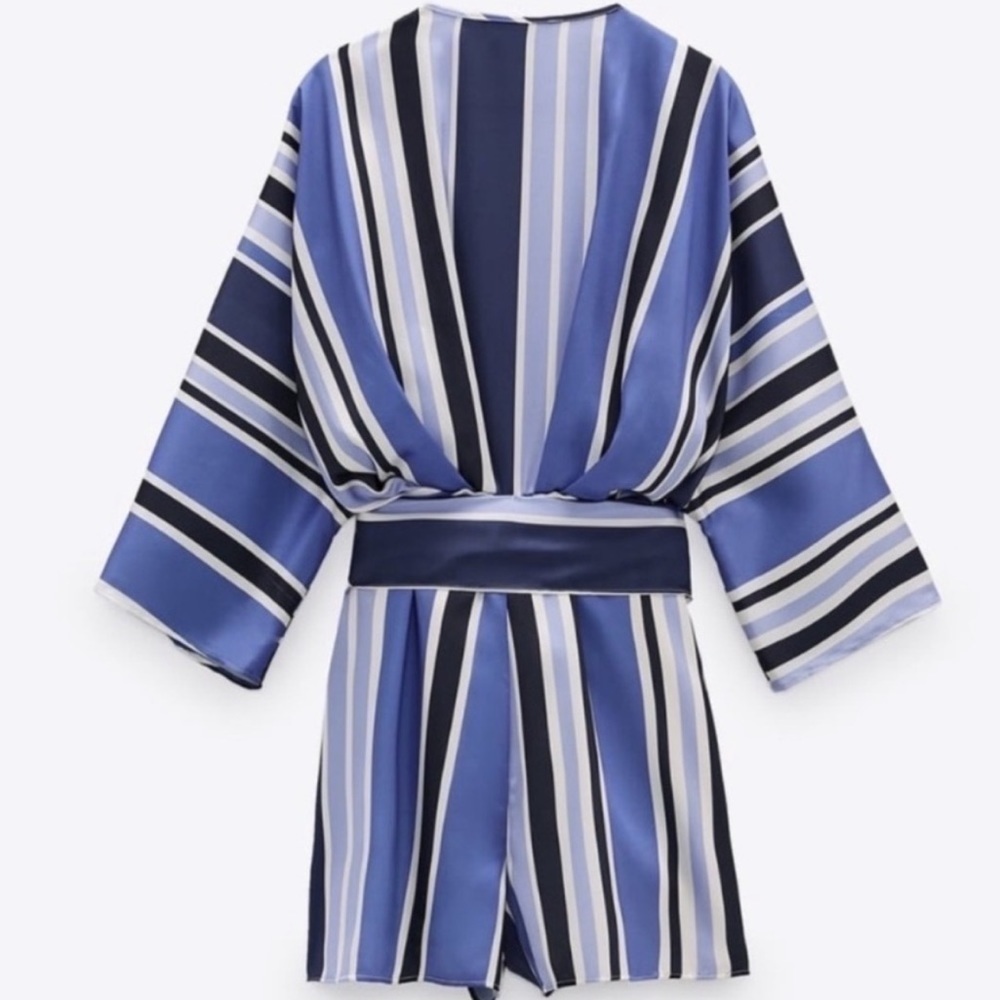 Zara Blue White Striped Wrap Lined Romper Size Small - Picture 4 of 16